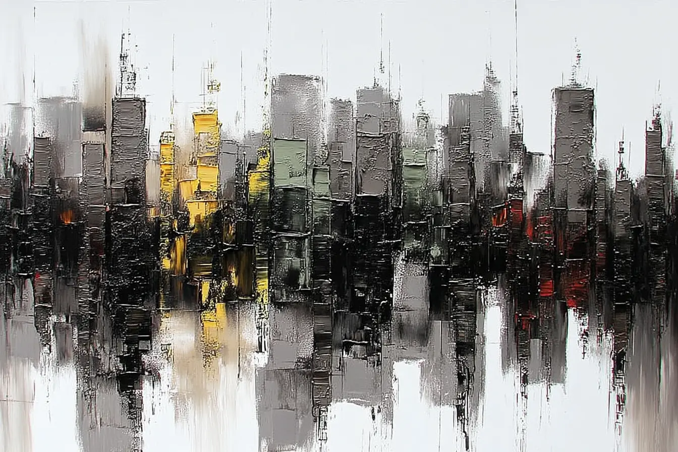 Abstract impasto skyline in charcoal and grey with amber and red window lights