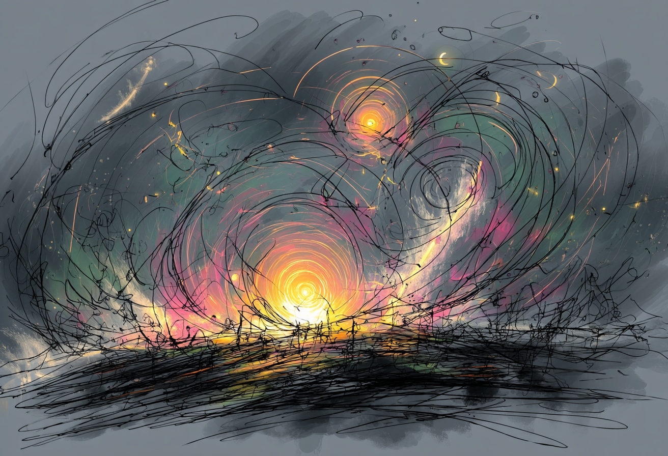 Dense black line work spiralling around a glowing pink and gold sun over grey water