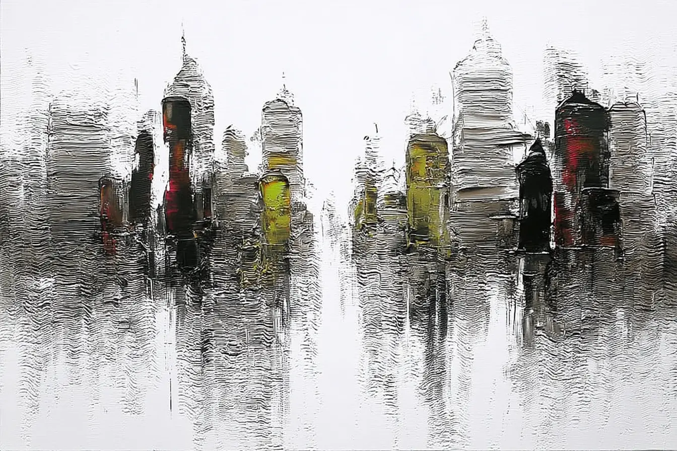 Pale abstract skyline of scraped white and grey towers with red and olive accents