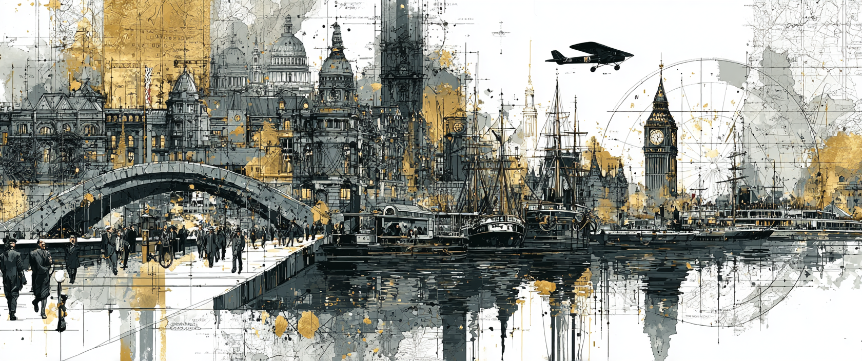 Panoramic ink and gold watercolour collage of a historic river city with ships and bridges
