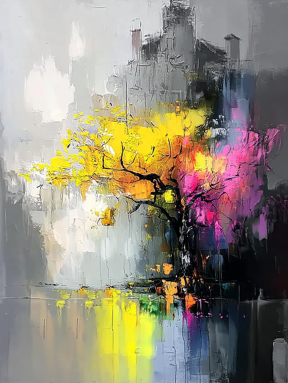 Impasto painting of a tree in yellow and magenta blossom against a grey rain-washed city