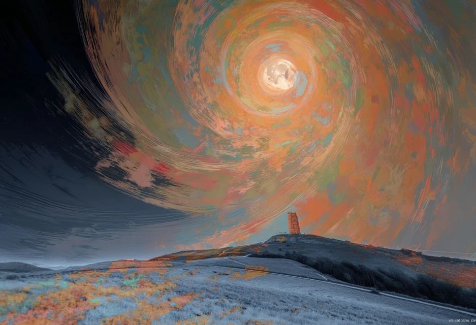 A vast swirling sky of orange and teal circling a moon above a frosted hillside tower